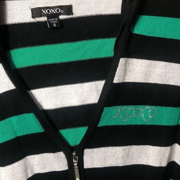 XOXO Green and White Glitter Striped Fitted Hoodie Y2K Vintage - Picture 3 of 3